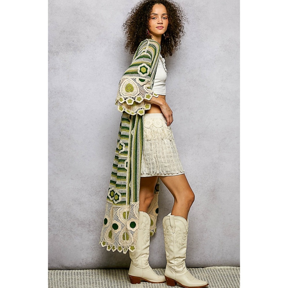 POL Boho Crochet Longline Cardigan Duster Green Floral Heart Pattern ONE SIZE - Picture 5 of 8